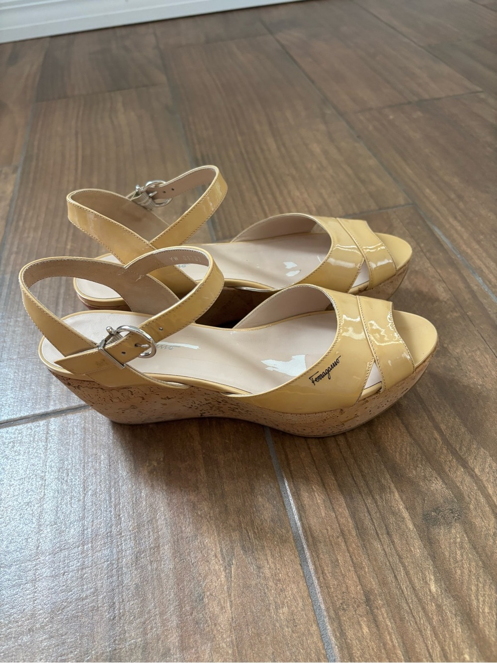Salvatore Ferragamo Patent Leather My Sunset Cork Wedge Sandals Size 7.5 M